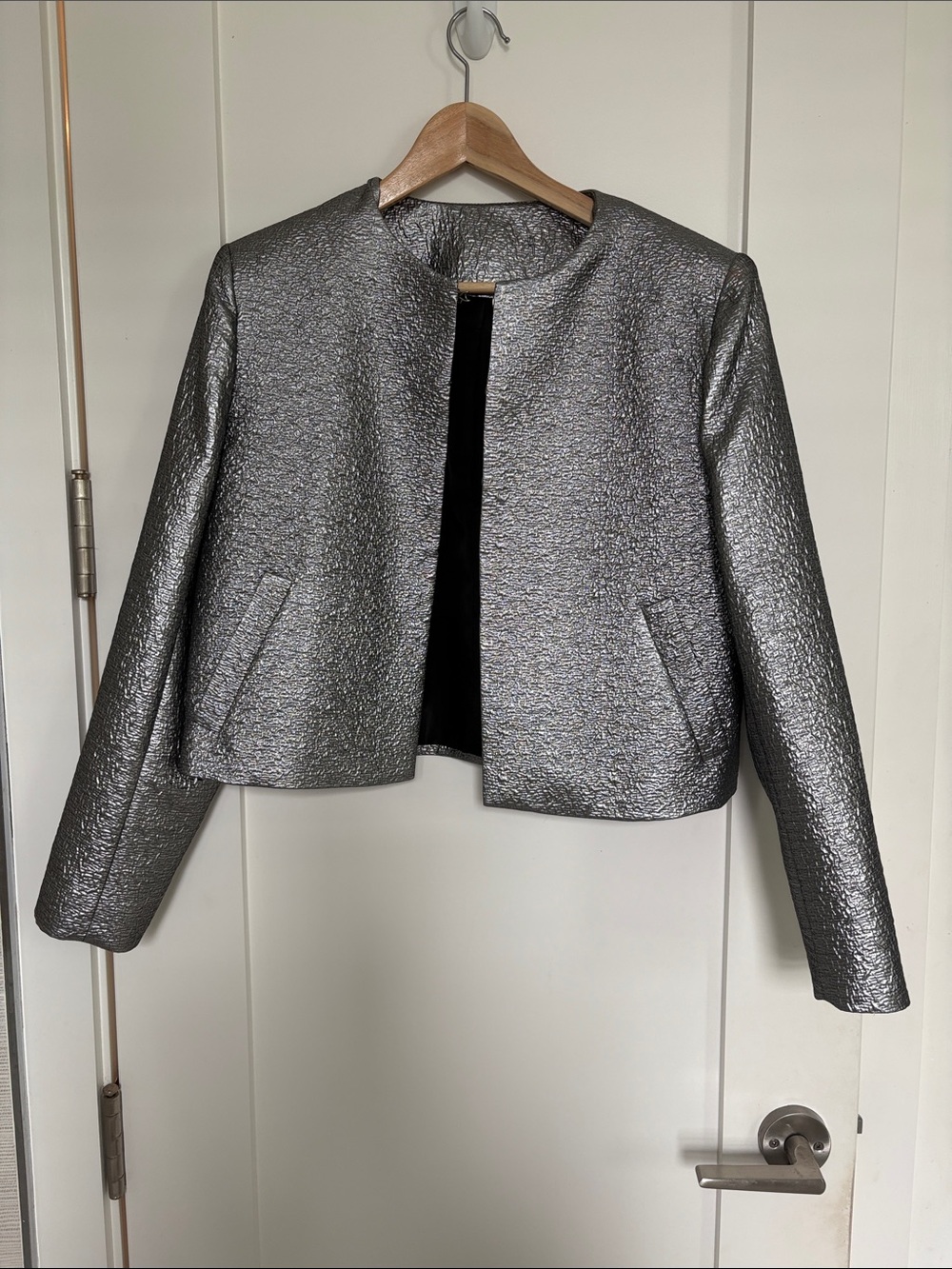 Zara Metallic Silver Cropped Open-Front Blazer